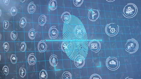 animation of multiple digital icons with biometric fingerprint on blue background