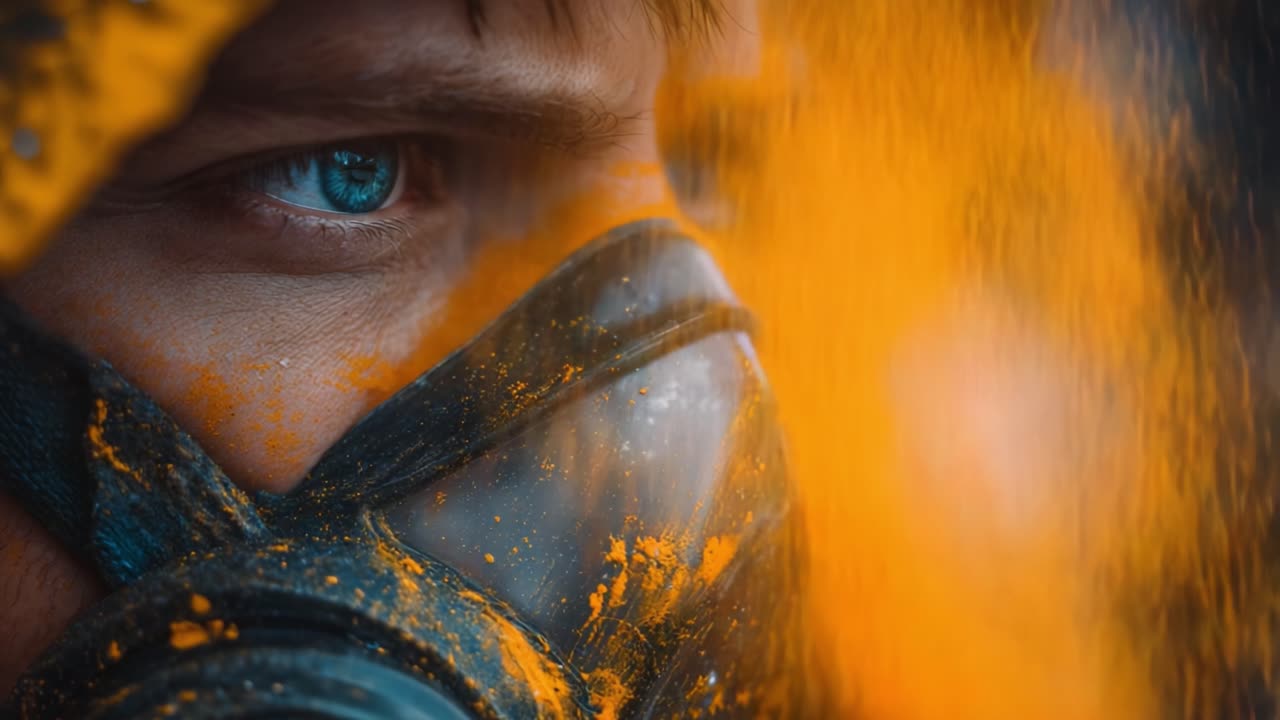 A close-up view of a person wearing a protective mask, their intense gaze highlighted by vibrant orange splatters, capturing the essence of safety and determination in a dynamic environment