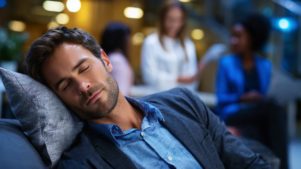 Uomo rilassato che dorme comodamente sul divano mentre gli amici chiacchierano, ripreso in un ambiente sociale accogliente, con illuminazione soffusa e atmosfera informale che riflettono un senso di calma e amicizia