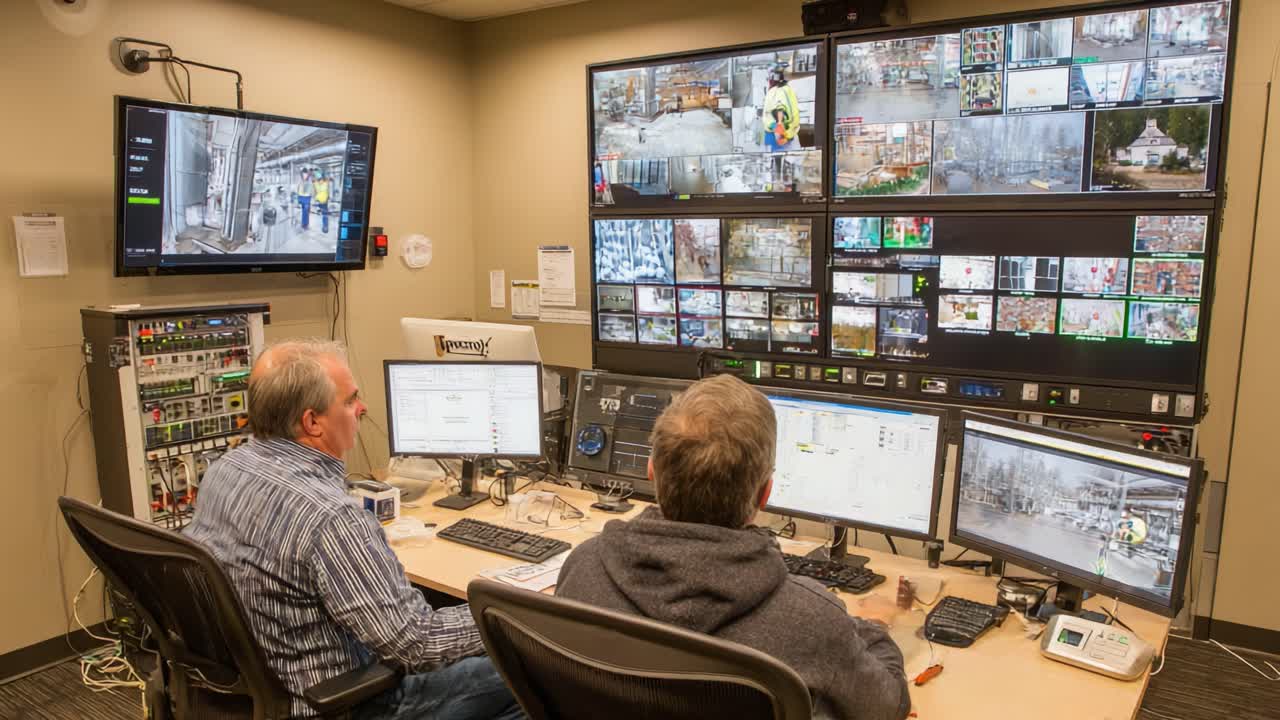 Surveillance Control Room: Operators Monitoring Multiple Screens for Security, Safety, and Operations Analysis in a High-Tech Environment