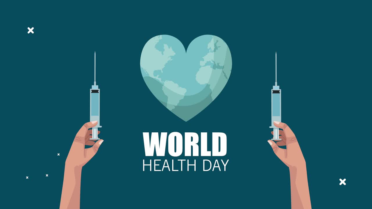 세계 건강의 날 손으로 글자를 쓰고 백신을 들어 올립니다.