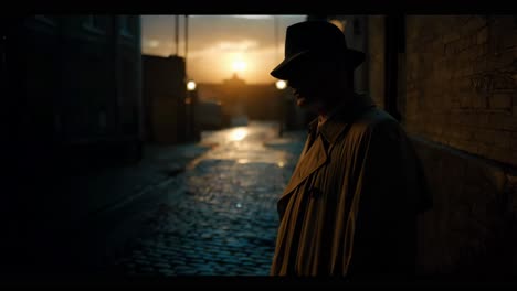 detective in a city alley at sunset