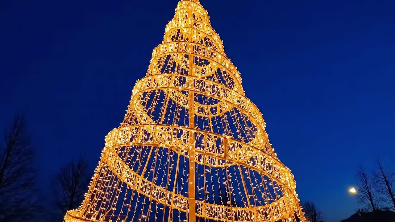 Low-angle video of a glowing spiral Christmas tree against a deep blue evening sky