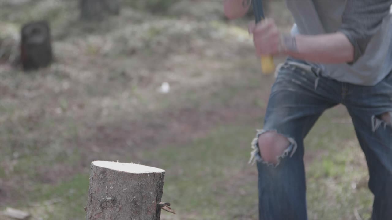 슬로우 모션으로 나무를 베는 도끼