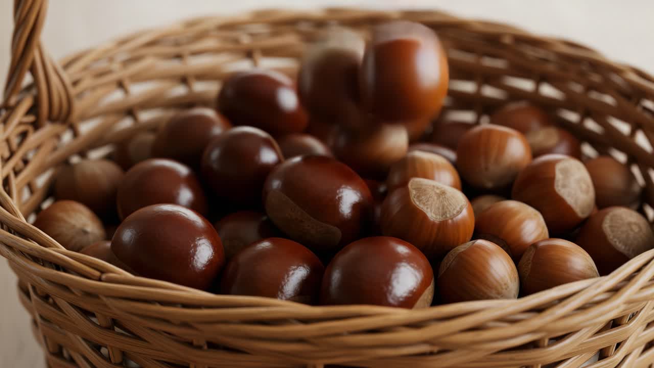 A Beautiful Basket Full of Fresh, Glazed Chestnuts and Filberts Showcasing Nature's Bounty with Rich Colors and Textures for Culinary and Decorative Uses