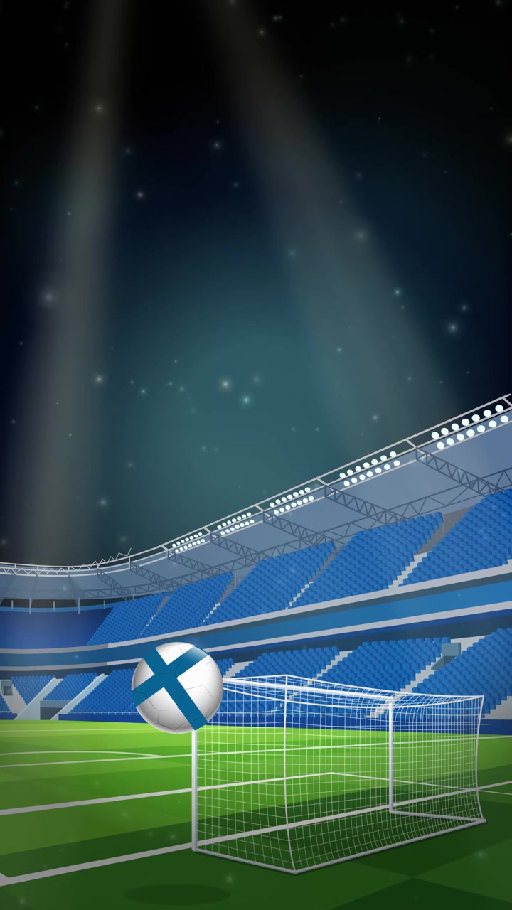 Animated soccer ball with Finnish flag pattern bounces across a lit stadium at night.