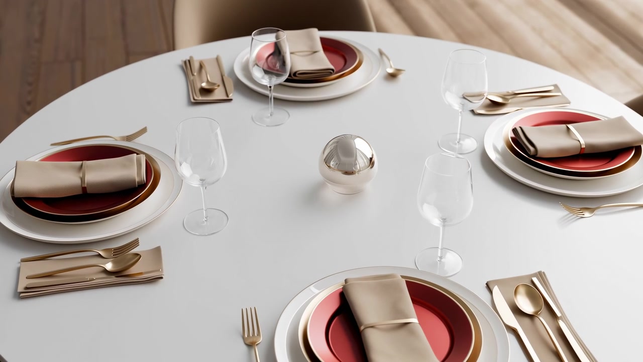 Scena da tavolo preparata che mostra un tavolo da pranzo rotondo bianco apparecchiato per quattro con coperti identici: piatti esterni bianchi impilati e piatti interni rosso intenso con bordi sottili dorati, tovagliolo piegato beige.