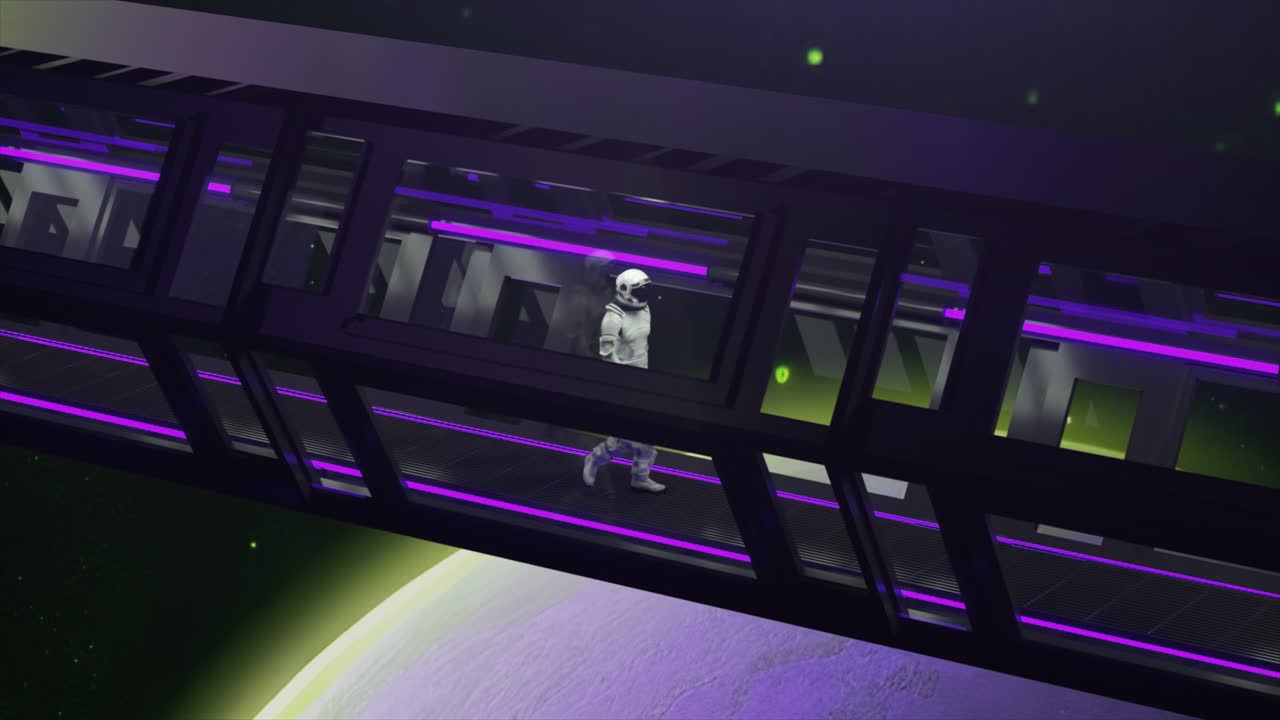 astronauti che camminano attraverso un corridoio spaziale