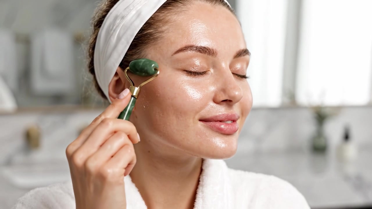 Revitalizing Skincare Routine: A Serene Moment of Relaxation with a Jade Roller for Glowing and Youthful Skin