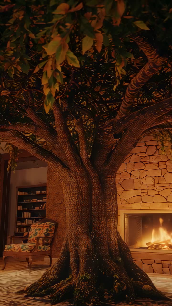 Vertical video: Opening shot revealing tree trunk emerging at home, stone fireplace casting glow
