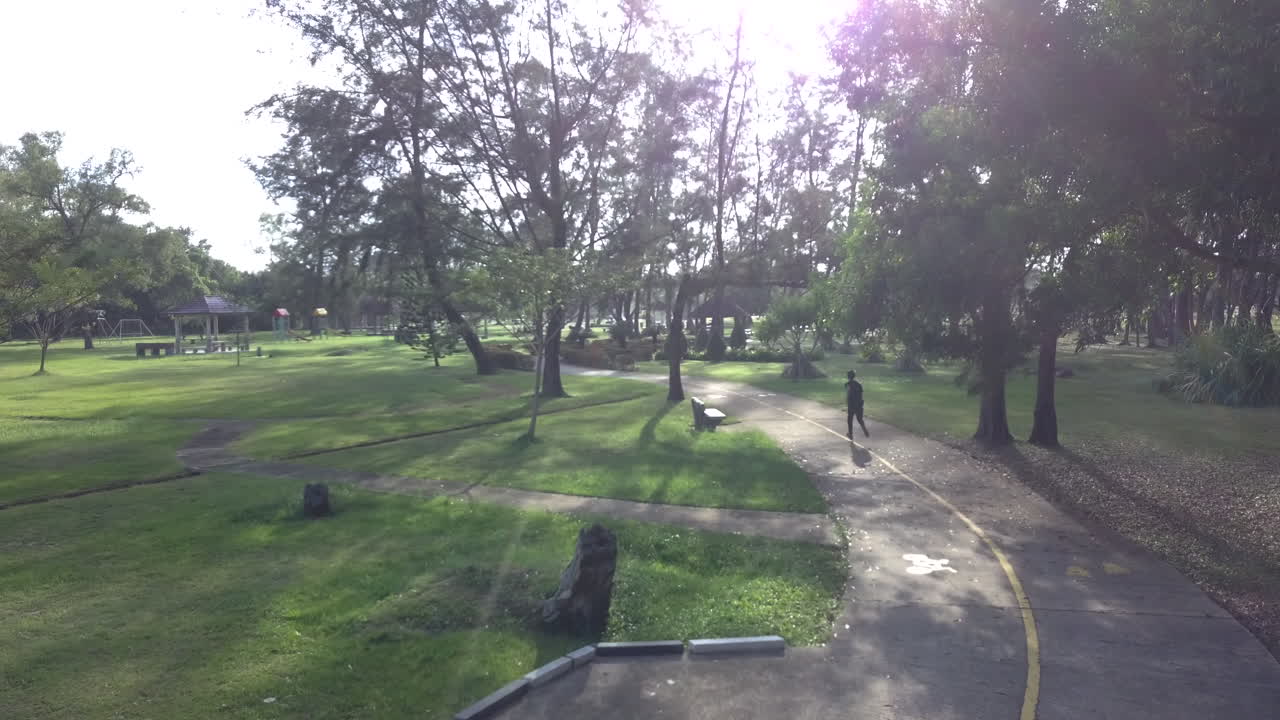 Aerial view of man running in a clear path with trees on the side during a sunny day