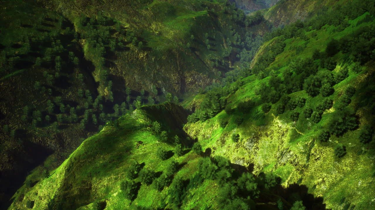 Lush green hills and valleys under bright sunlight in a serene landscape