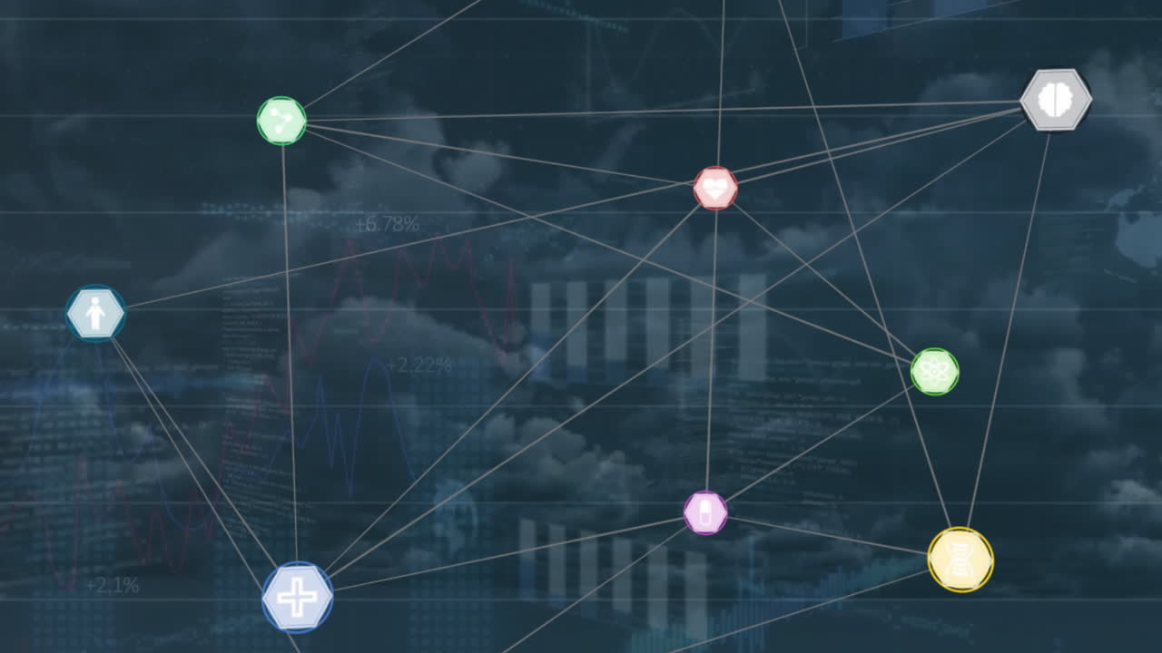 Animation of globe with connections and data processing over clouds