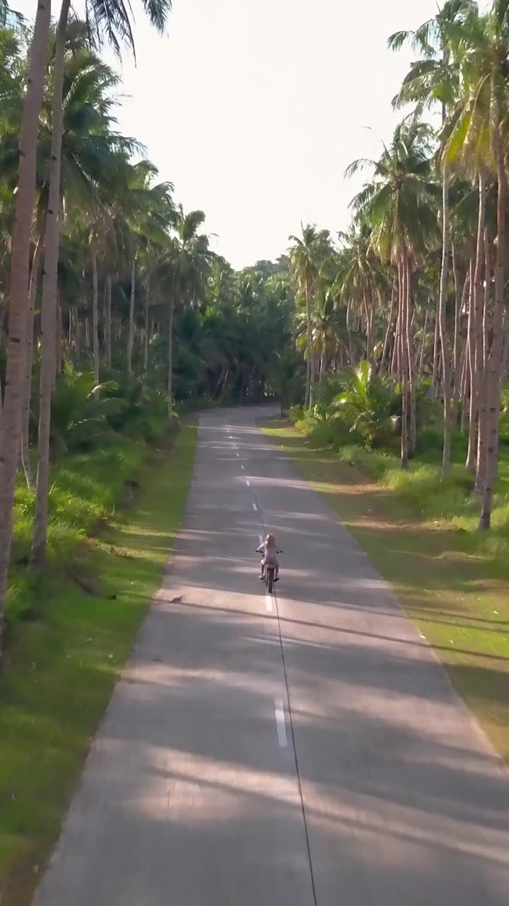 A vertical shot of a cyclist riding through palm trees on the road