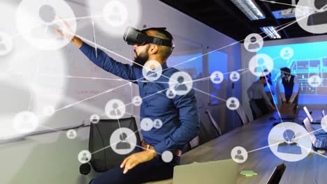 animación de redes de conexiones y hombre de negocios con teléfono vr auricular