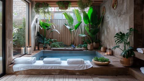 indoor spa retreat with pool and lush plants