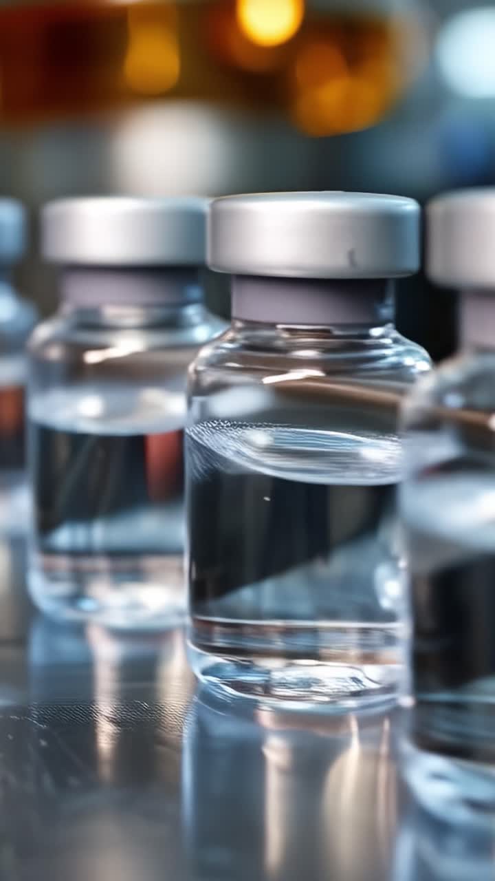 Primer plano de viales de vidrio transparente con tapas plateadas que contienen líquido, destacando la esterilidad y la transparencia en un entorno de laboratorio.