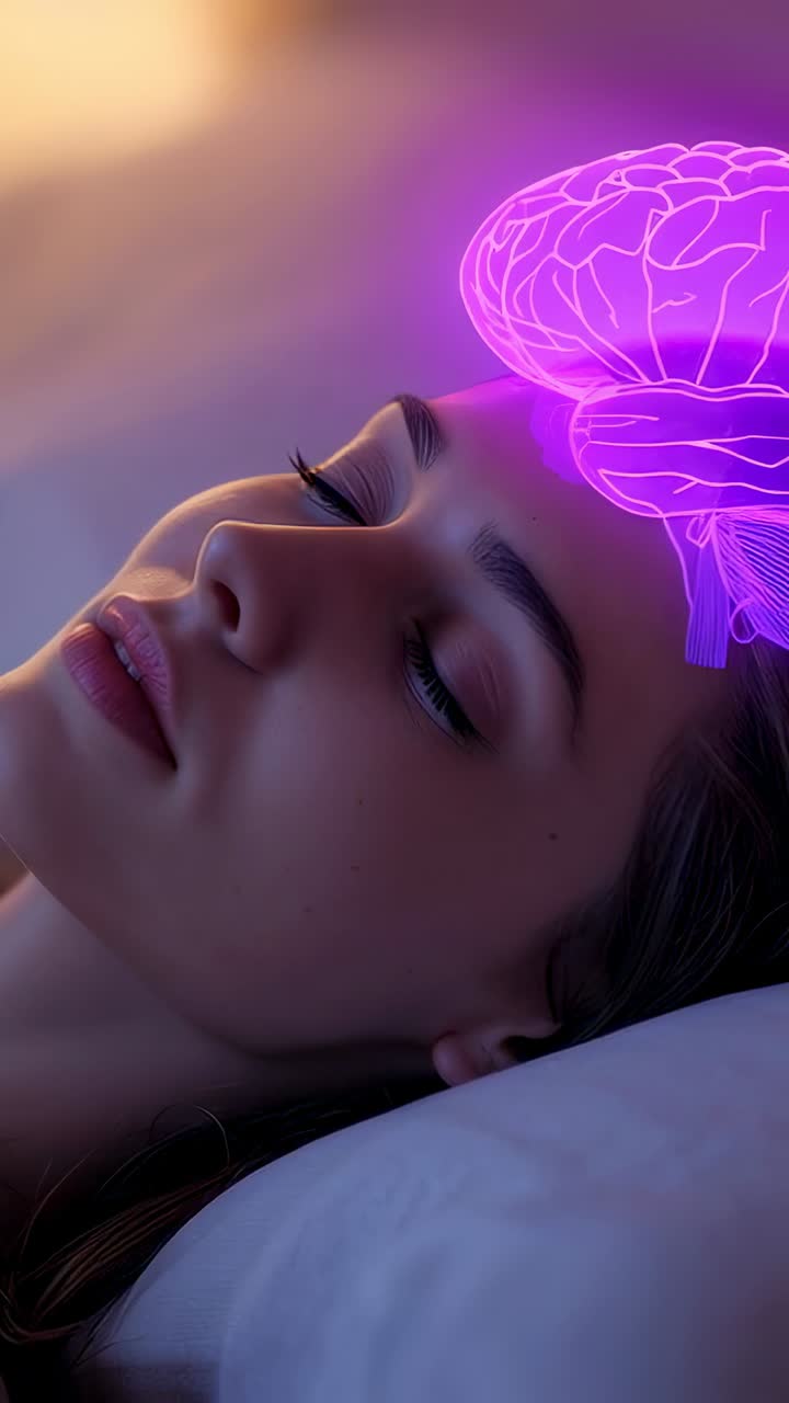 Video verticale: donna in pigiama sdraiata su un cuscino in camera da letto, ologramma pulsante che mostra l'attività cerebrale