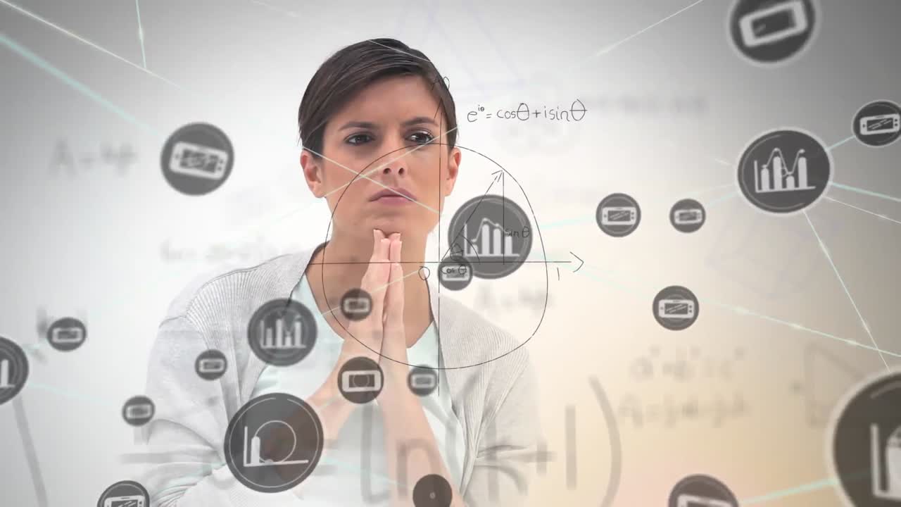 animación de la red de conexiones con iconos sobre el pensamiento de la mujer de negocios