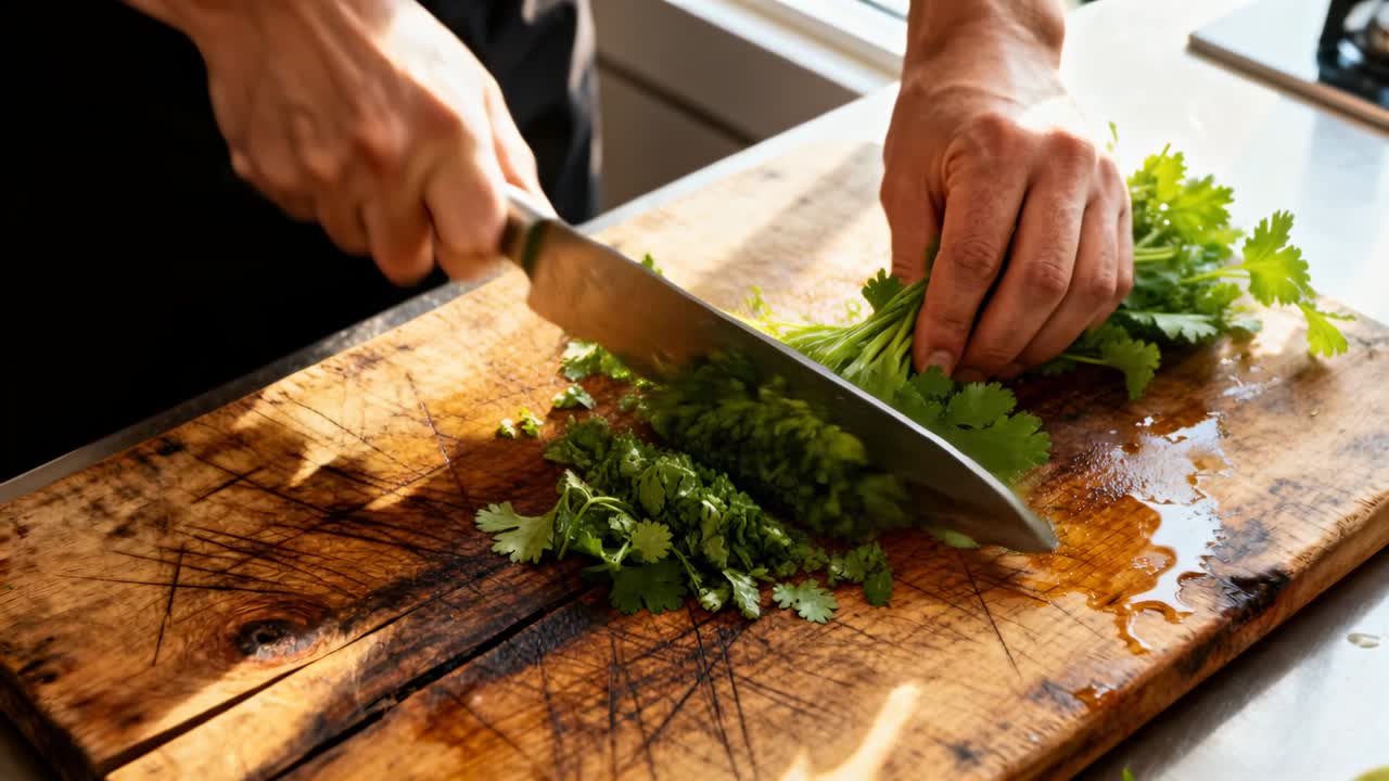 Placing cilantro, cook in dark top chopping with chef knife on board near window for seasoning