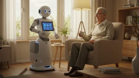 a heartwarming interaction between an elderly man and a companion robot in a cozy living room, showcasing technology's role in enhancing social connections