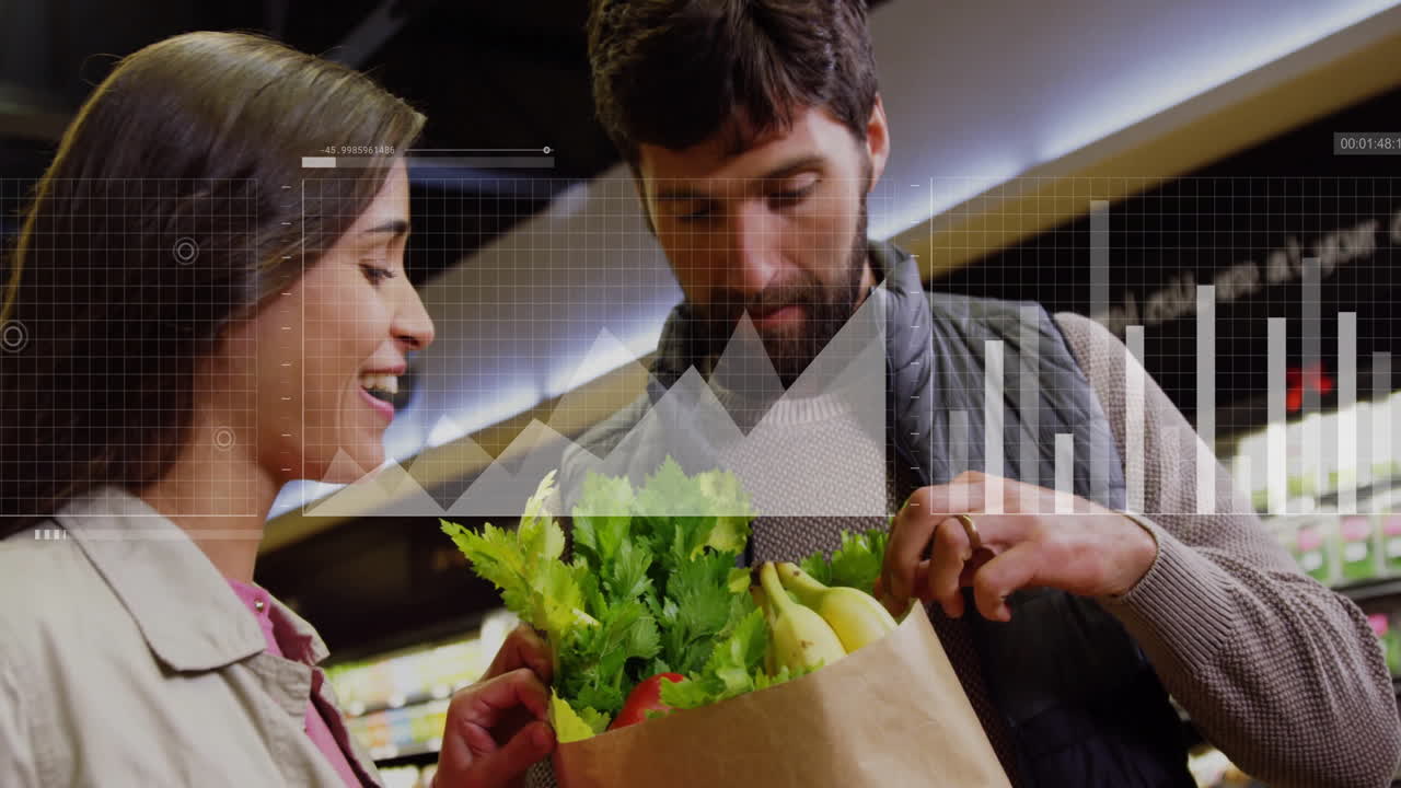 Analyzing grocery shopping data animation over couple examining fresh produce in store