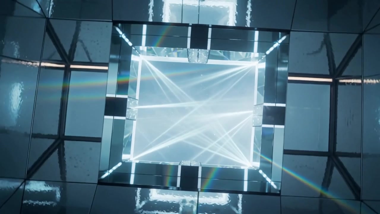 Tilting camera causing square frame emitting crossing LED beams at ceiling, haze casting rainbow