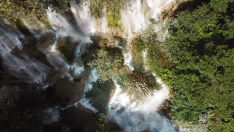 Gorgeous-Kuang-Si-Falls,-Laos,-Top-Down-Aerial-View-of-Waterfall-Near-Luang-Prabang