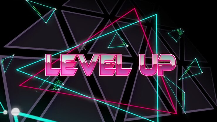 Animation of level up text over geometrical shapes on dark background