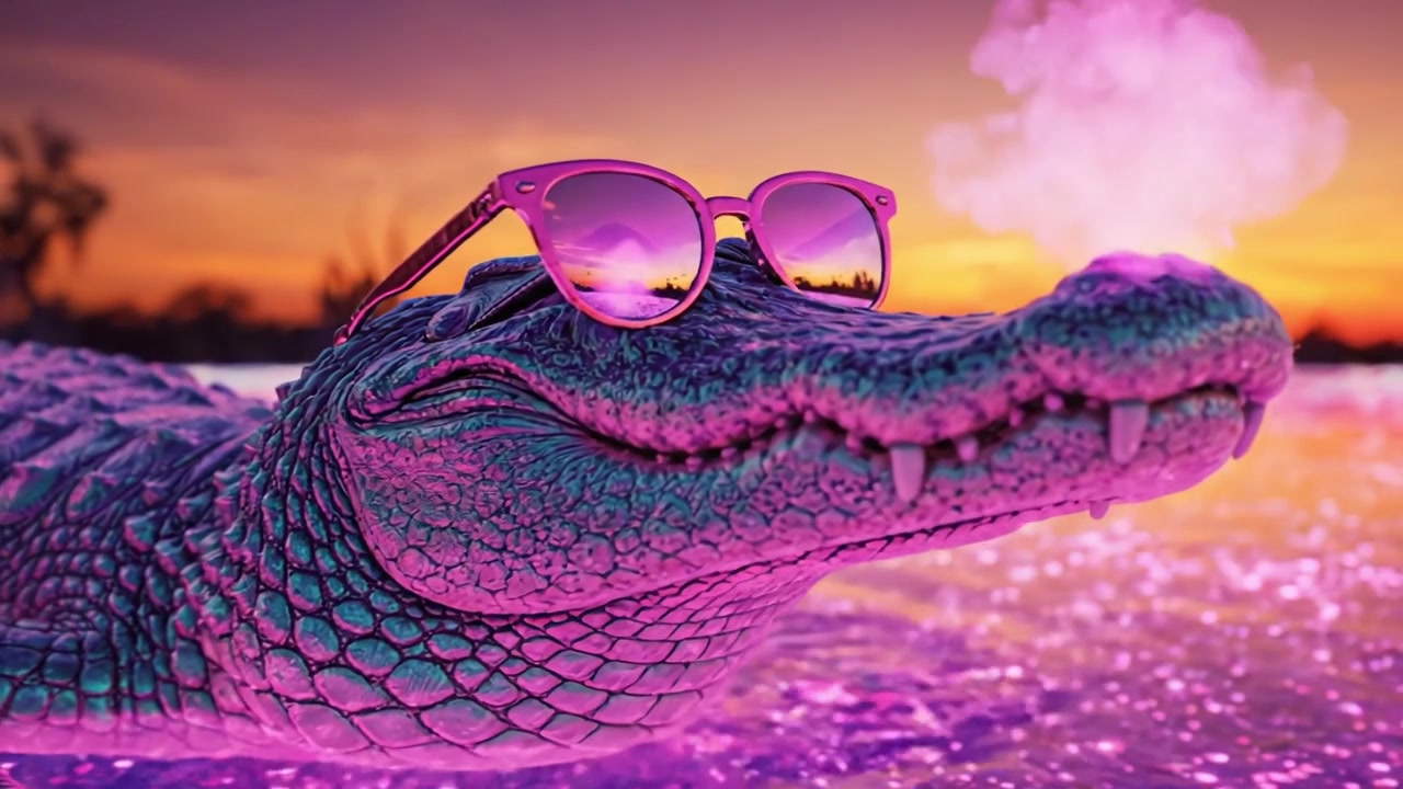 En farverig alligator slapper af i en levende solnedgangsoase, iført stilfulde solbriller, mens den padler gennem glitrende vand og skaber en livlig og sjov atmosfære.