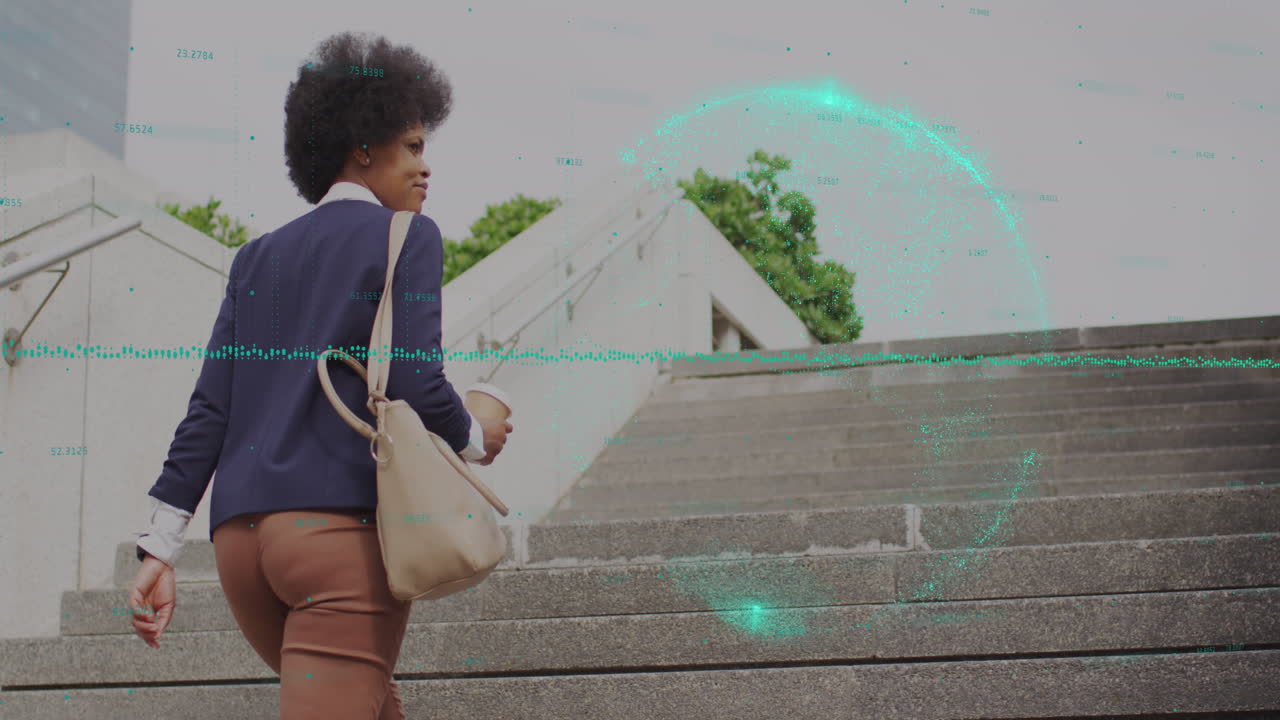 Animation of globe and business data over african american woman using smartphone
