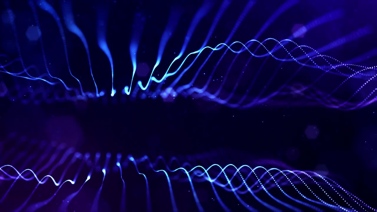 4k bucle de partículas de ciencia ficción de fondo de microworld o espacio con bokeh y efectos de luz. las partículas azules brillantes forman líneas, superficies, estructuras de cuerdas complejas en movimiento suave.