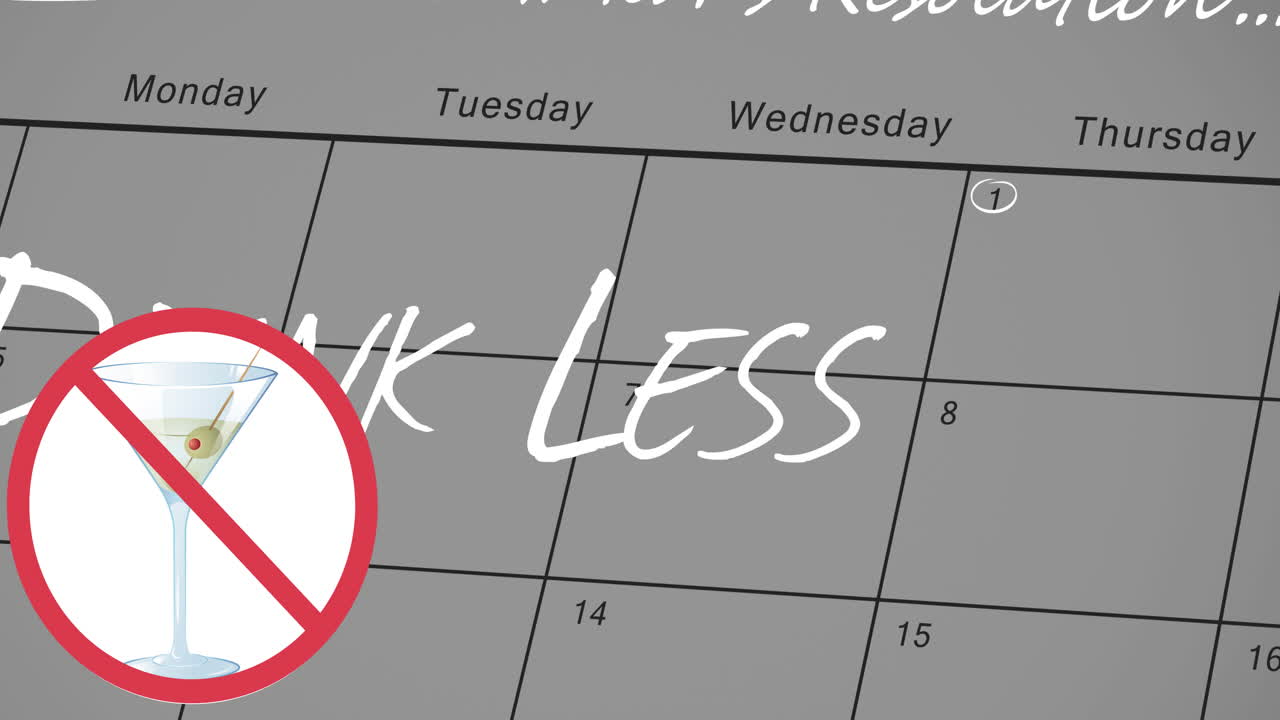 스 ⁇  표지판과 음료의 애니메이션, 새해 결의서와 함께 1 월 달력의 텍스트를 덜 마시십시오.