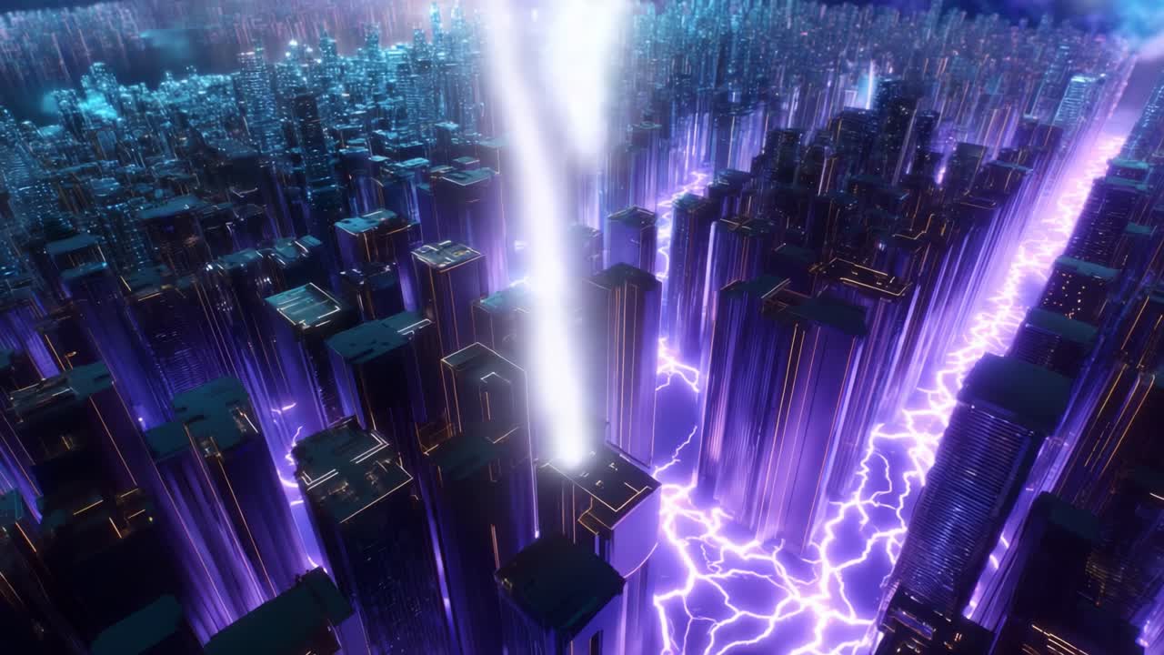 A Stunning Visualization of a Futuristic Cityscape Transforming Under Dynamic Energy Pulses, Illuminated by Electric Lightning Strikes, Highlighting the Unique Architectural Structures and Vibrant Color Palette