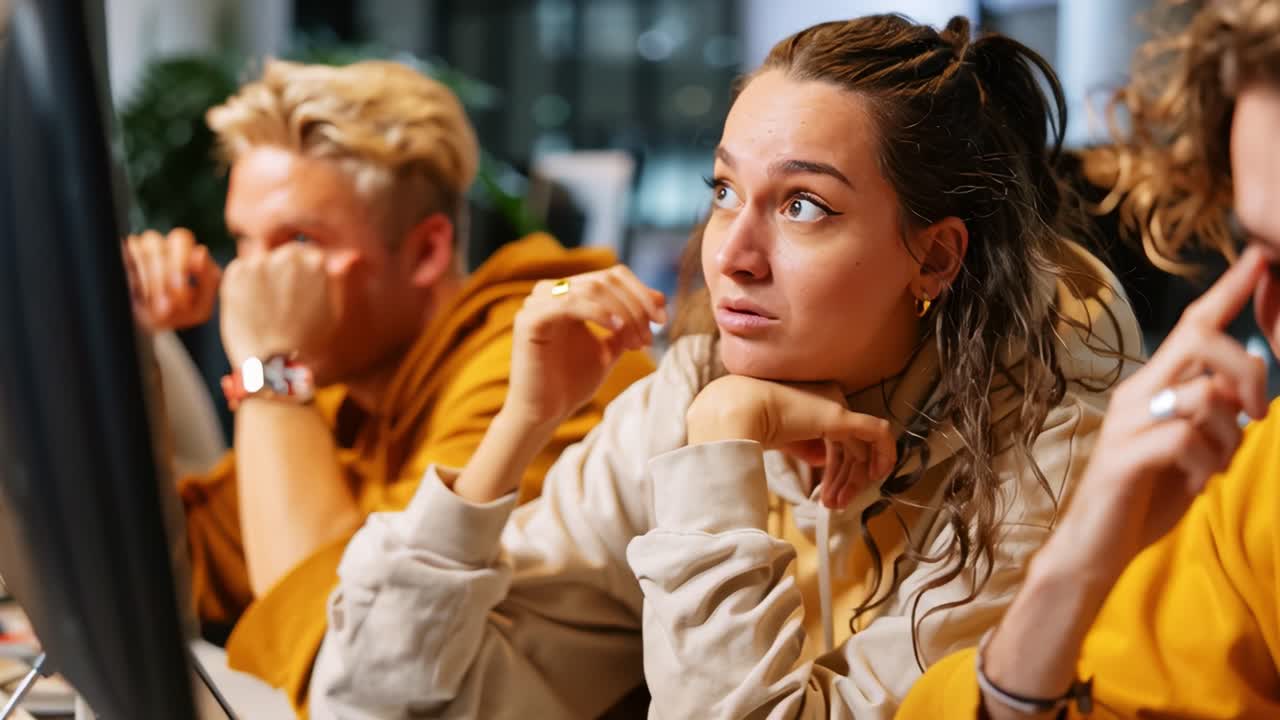 A group of young adults in casual attire exhibit expressions of stress and concentration as they work on computers in an office setting, showcasing the challenges of modern work environments