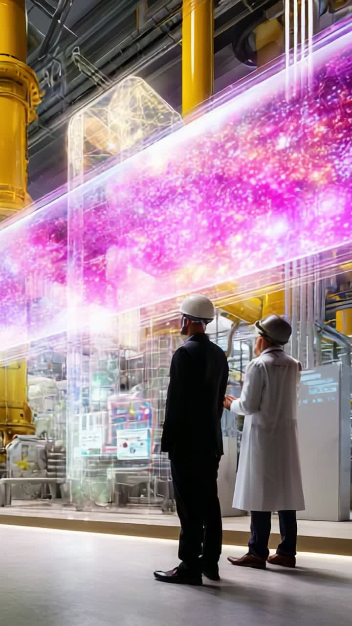 Observing Advanced Technology: Scientists Analyze a Futuristic Display in an Innovative Industrial Facility, Exploring the Boundaries of Science and Imagination