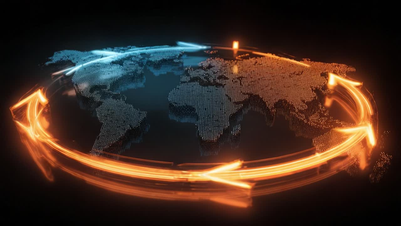 Digital world map with glowing orange arrows circulating around continents, representing global logistics, data flow, international trade, and worldwide network connectivity on a dark background