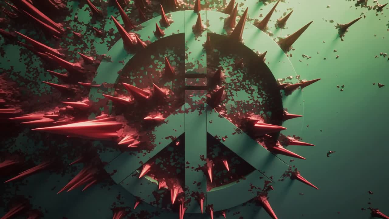 Massa rossa lucida e appuntita che si espande, disperdendo frammenti per rivelare un emblema circolare della pace in uno studio 3D.