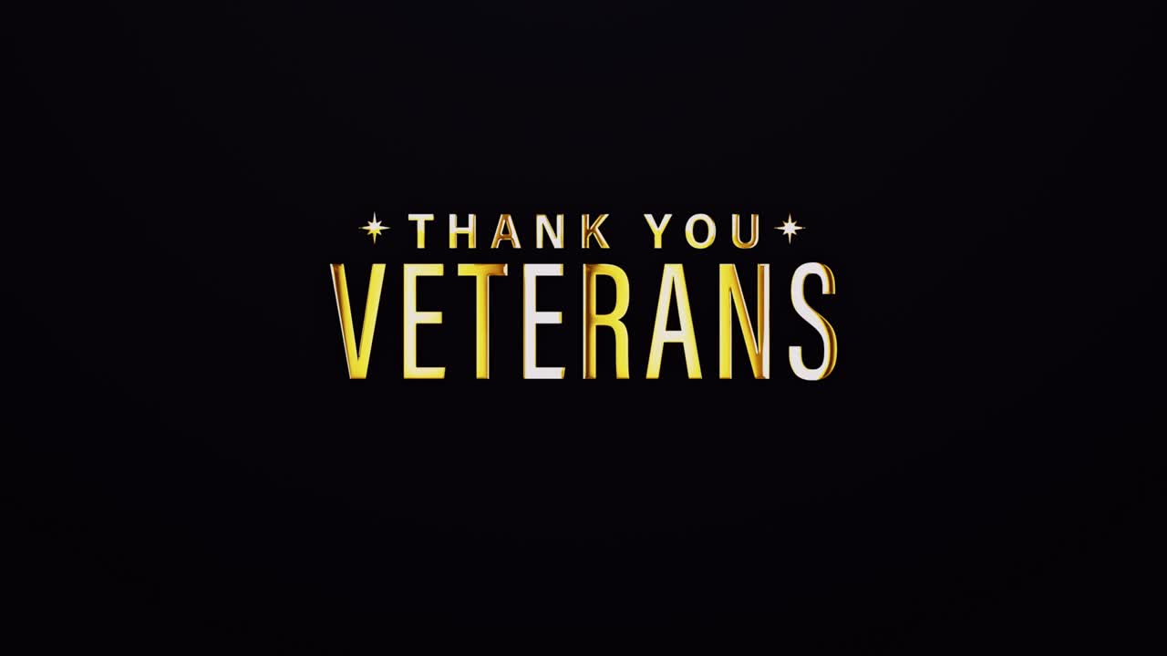 Thank You Veterans text word gold light animation loop with glitch text effect. 4K 3D seamless looping Thank You Veterans effect element for Cinema trailer, Sales Marketing title banner. Old Gaming Console Style.