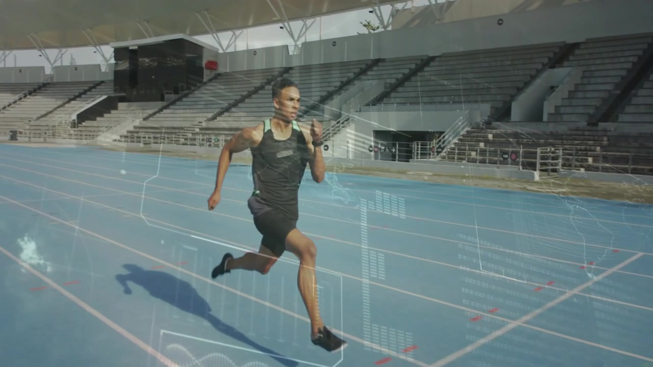 Velocista che esegue passi preparatori e parte per lo sprint su pista blu, generando sovrapposizioni di analisi sportive