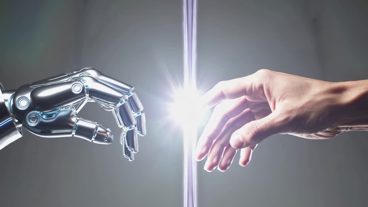 Un fermo immagine video ravvicinato di una mano umana che si estende verso una mano robotica, che simboleggia l'interazione umano-robot