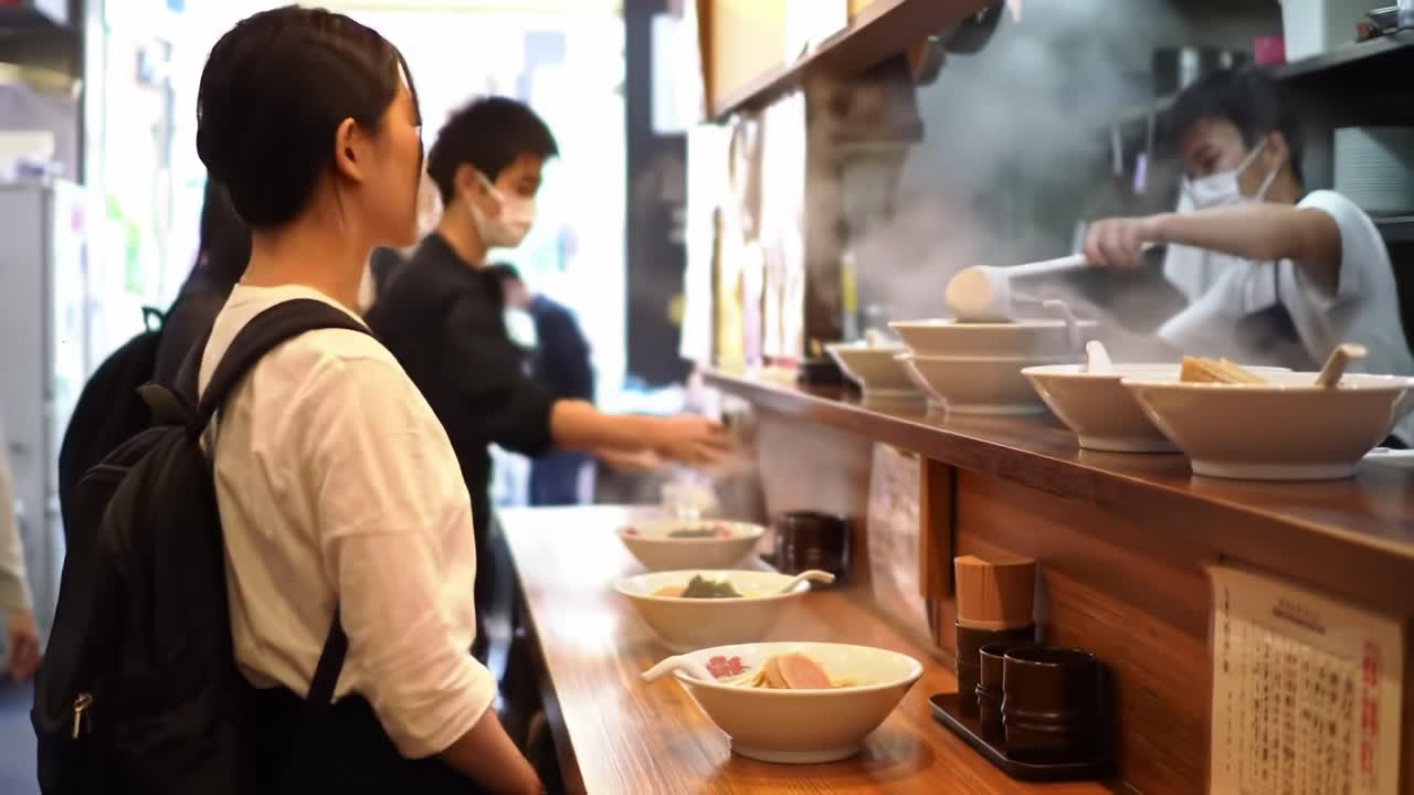A Food Lover's Journey: Observing the Art of Noodle Preparation in a Busy Culinary Scene Filled with Steam and Savor