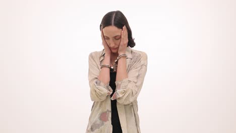 distressed woman in handcuffs showing emotional pain