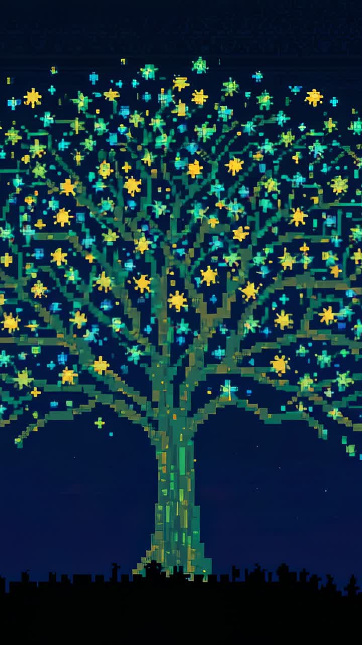 Vertical video: Animating pixel-art tree crown twinkling as frames advance at night, making sparkle