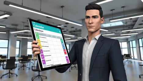 3d animated business man presenting calendar on tablet in office