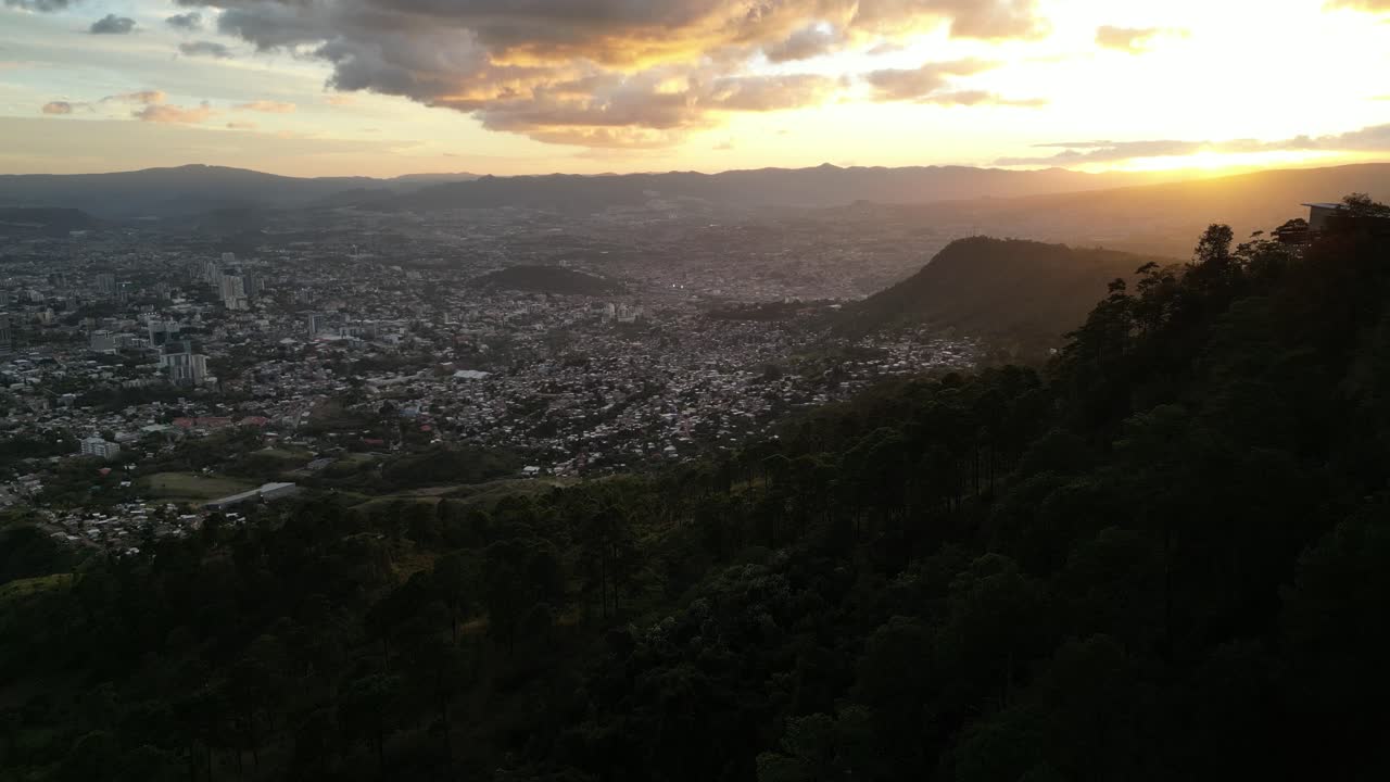 Sunset in Tegucigalpa, capital of Honduras, aerial view, Latin American poverty