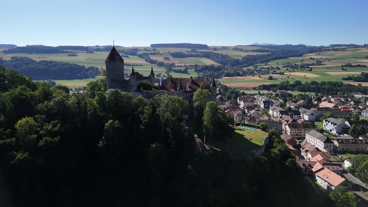 Lucens town medieval castle landmark viewpoint aerial drone Switzerland Europe