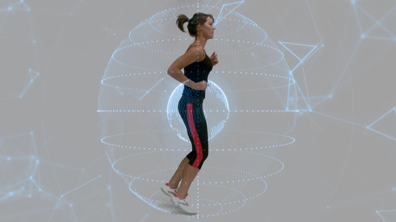 Woman starting jogging in profile, causing dotted rings pulsing and nodes drifting for fitness tech