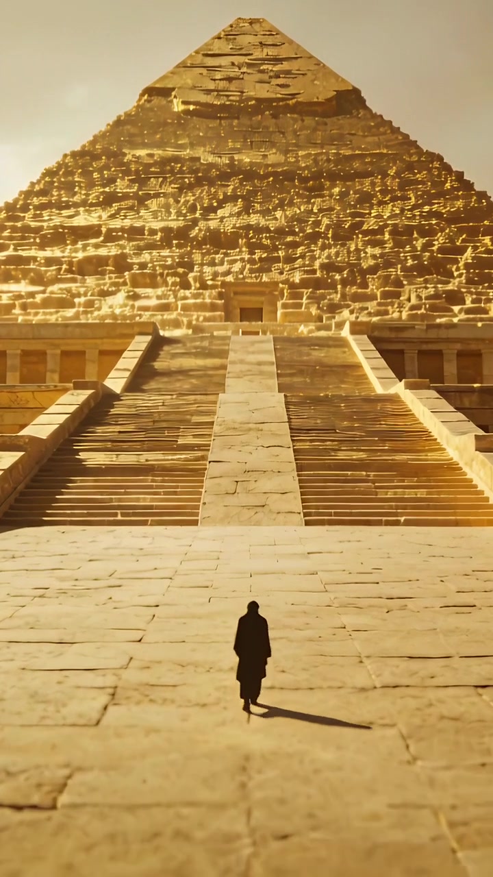 Vertikální video: Osamělá postava v rouchu kráčí po náměstí k vchodu do pyramidy v teplém slunci a vrhá stín.