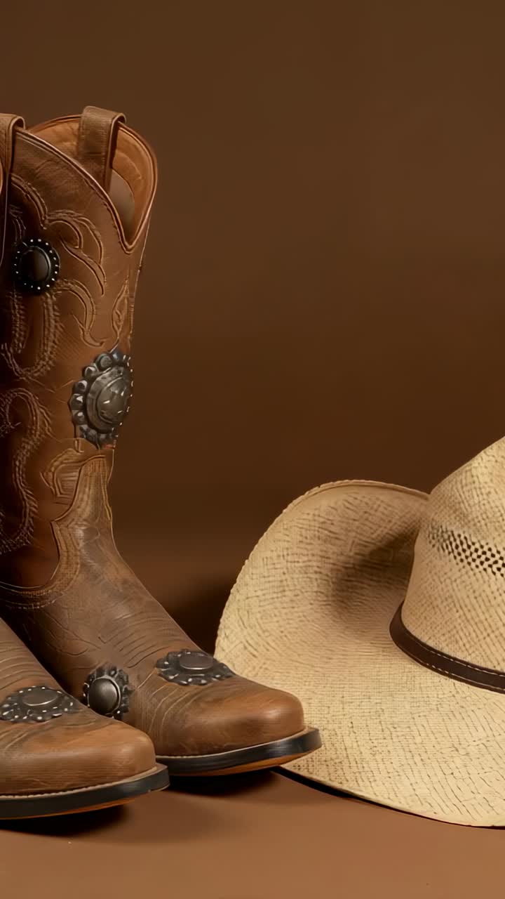 Vertical video: Playback starting presenting boots and hat on tabletop set with brown backdrop